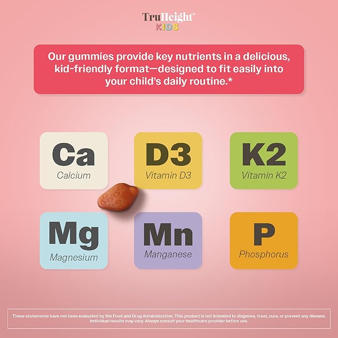 TruHeight Kids Bone Growth Gummies (Ages 2+) All Natural Kids & Toddler Vitamins - Endorsed by Pediatricians - Vitamin D, Calcium, K2, Magnesium Multivitamin - Natural Growth & Development