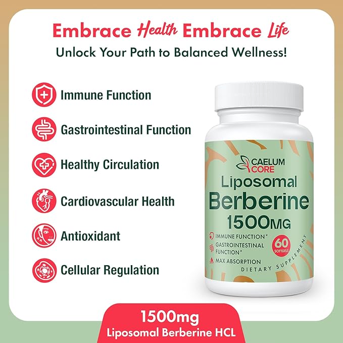 Liposomal Berberine HCL - Berberine 1500mg Activates AMPK & GLP-1, High Bioavailability Berberines Supplement for Women and Men, Berberine Plus Overall Health Support (1 Pack)