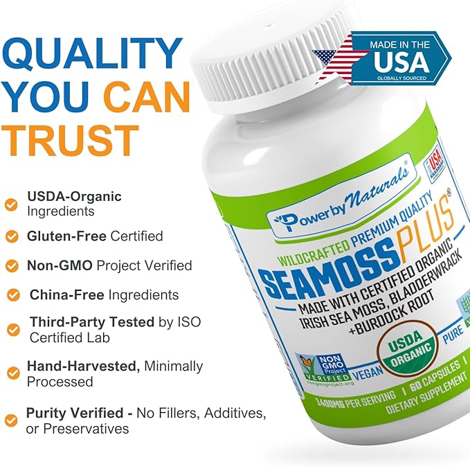 Power By Naturals Sea Moss Plus - USDA Organic Irish Sea Moss Capsules w/Wild Harvested Irish Seamoss, Bladderwrack & Burdock Root Immunity Supplement Sea Moss Pills for Adult 60Ct - 1 Pack