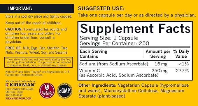 Kirkman – Vitamin C 250 mg Capsules - Hypo - 250 Count