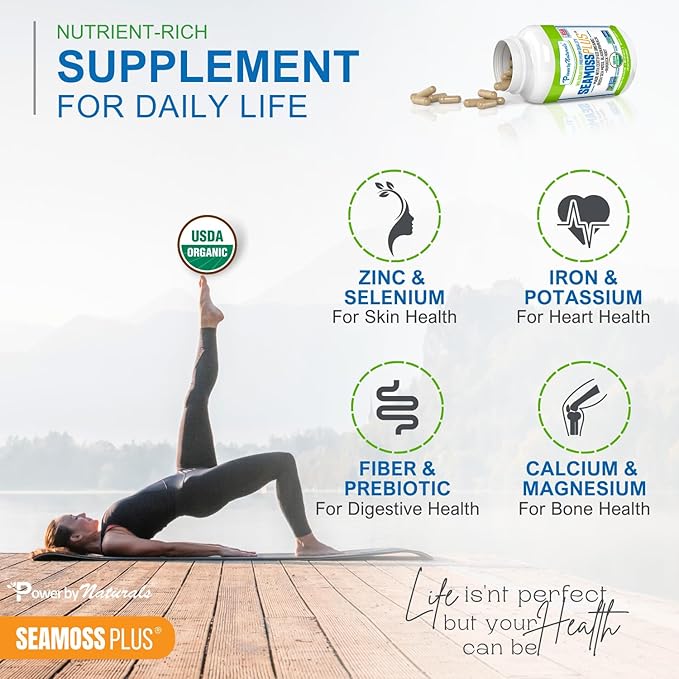 Power By Naturals Sea Moss Plus - USDA Organic Irish Sea Moss Capsules w/Wild Harvested Irish Seamoss, Bladderwrack & Burdock Root Immunity Supplement Sea Moss Pills for Adult 60Ct - 1 Pack