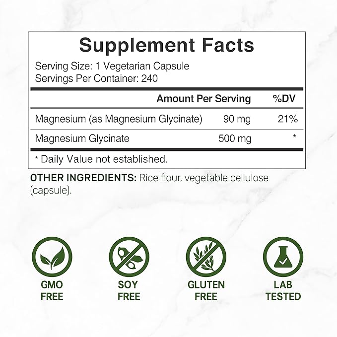 DEAL SUPPLEMENT Magnesium Glycinate 500mg, 240 Veggie Capsules | Chelated for Easy Absorption | Highly Purified Essential Trace Mineral for Muscle, Joint, Heart, & Digestive Health