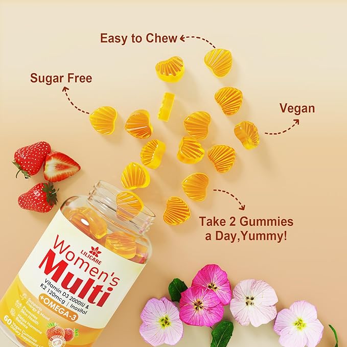 Womens Multivitamin Gummies, Sugar-Free Methylated Multivitamins w/D3 + K2, Vegan Omega 3, Algae Calcium, Daily Vitamin A C E B6 B12 Folate, Inositol, Minerals for Energy, Mood, Bone, Hormore, 120 Cts