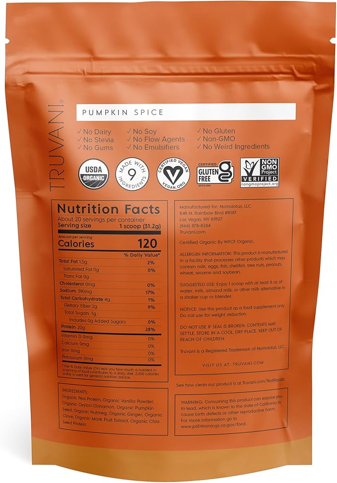 Truvani Vegan Pea Protein Powder | Pumpkin Spice | 20g Organic Plant Based Protein | 20 Servings | Keto | Gluten & Dairy Free | Low Carb | No Added Sugar