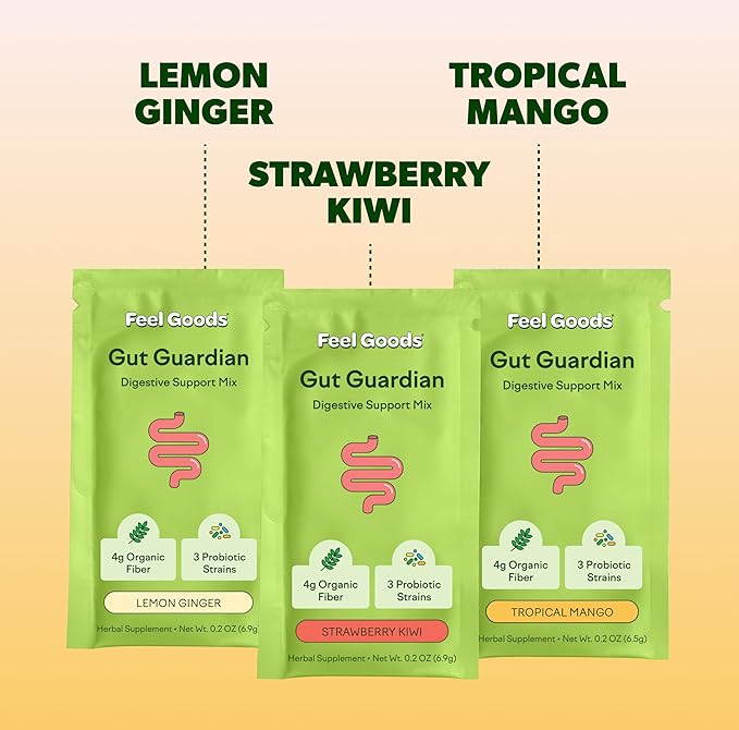 Feel Goods Gut Guardian, Prebiotic & Probiotic Powder, Sugar Free, Organic Fiber, Herbs for Bloat, Gut Health Support, Digestive Health for Men & Women, Non GMO, Vegan | Variety Pack, 24 Count