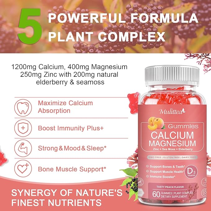 1200mg Calcium Gummies with D3,K2,Zinc - Plant Complex Calcium Magnesium Supplement with Glycinate,Potassium,Vitamin C &Whole Natural Food for Bone & Immune Support- 120 Chewable Gummy Sugar-Free