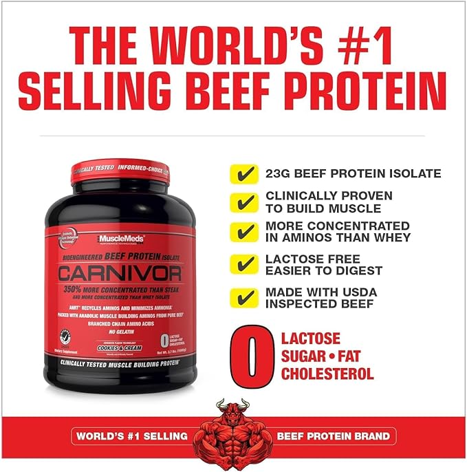 MuscleMeds Carnivor Beef Protein Isolate Powder, Cookies & Cream, 56 Servings, 1680 Gram, 59.2 Ounce, 3.7 Pound