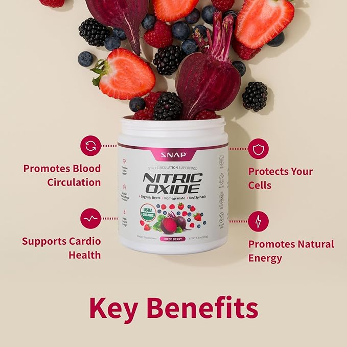 Snap Supplements USDA Organic Beet Root Powder, 3-in-1 Nitric Oxide Supplement, Support Healthy Blood Pressure and Blood Circulation, 250g (Mixed Berry)