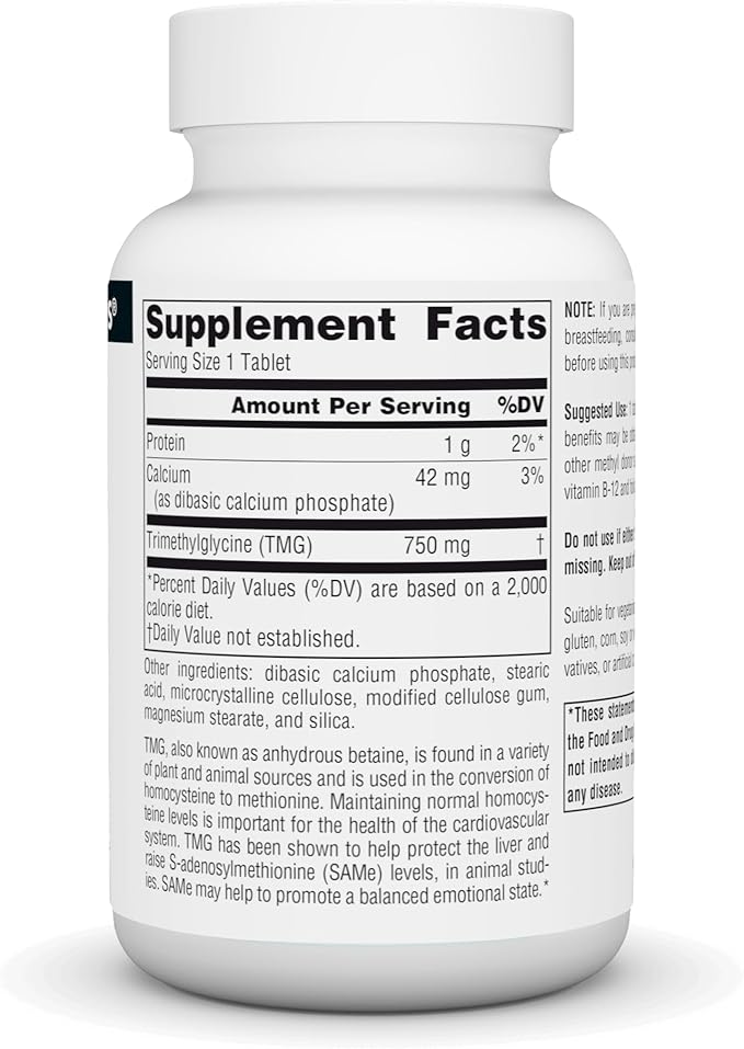 Source Naturals TMG 750mg Trimethylglycine (Anhydrous Betaine) - 60 Tablets