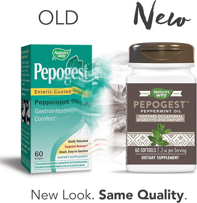 Nature's Way Pepogest Peppermint Oil, Soothes Occasional Gastrointestinal Discomfort*, Enteric Coating, 60 Softgels (Packaging May Vary)
