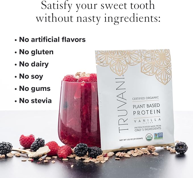 Truvani Vegan Pea Protein Powder | Vanilla | 20g Organic Plant Based Protein | 1 Serving | Keto | Gluten & Dairy Free | Low Carb | No Added Sugar