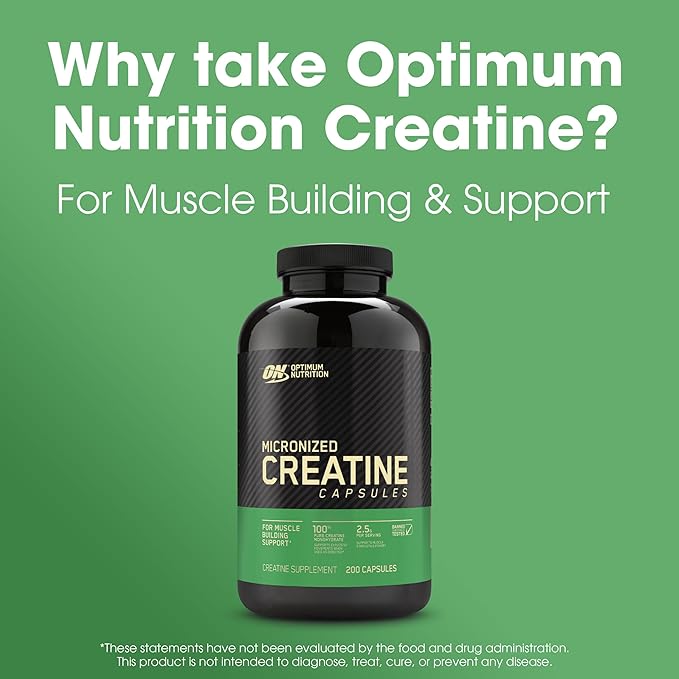 Optimum Nutrition Micronized Creatine Monohydrate Capsules, Keto Friendly, 2500mg, 200 Capsules (Packaging May Vary)