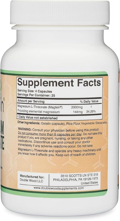 Magnesium L Threonate Capsules (Magtein) – High Absorption Supplement – Bioavailable Form for Sleep and Cognitive Function Support – 2,000 mg – 100 Capsules