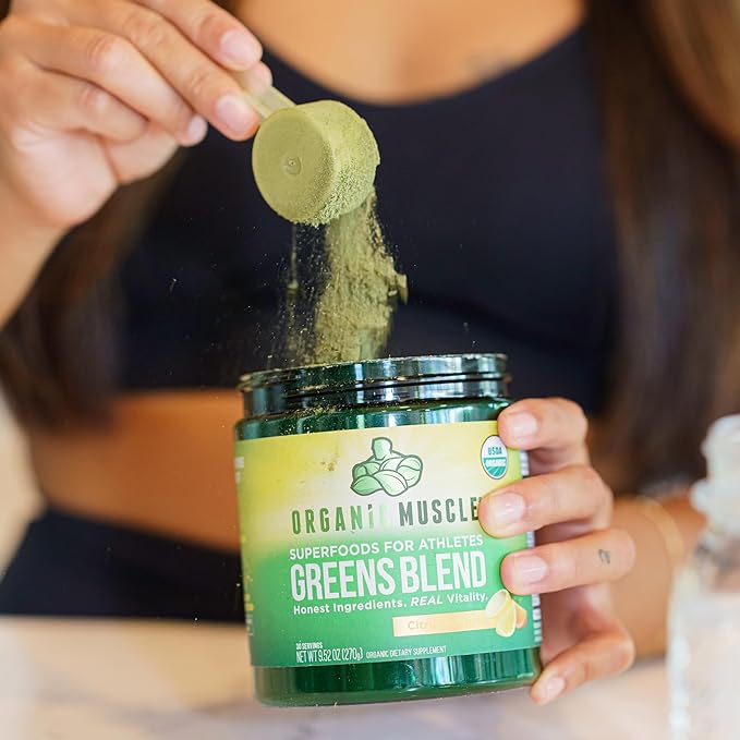 Organic Muscle Superfood Greens Powder Drink Mix - Organic Super Green Detox Supplement for Gut & Digestive Health with Spirulina, Chlorella, Probiotic & Prebiotic - Vegan & Non-GMO, 30 Servings