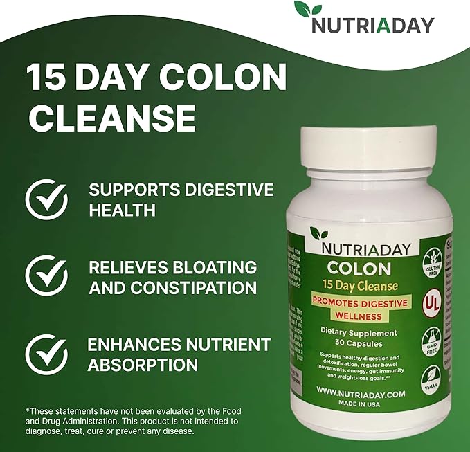 Colon 15 Day Cleanse, Advanced Gut Cleanse Detox for Women & Men with Cascara Sagrada, Psyllium Husk & Senna Leaf, Digestive Wellness, Gluten-Free, Non-GMO, Vegan, 30 Capsules 1-2 Daily