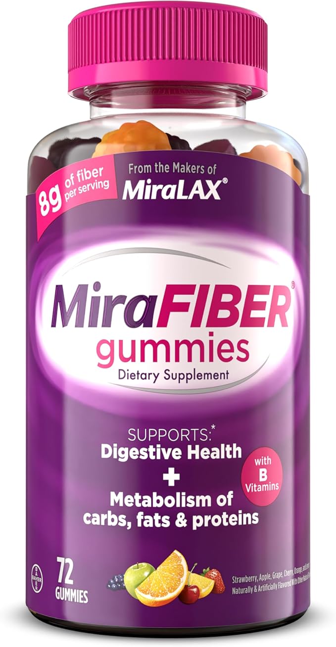 MiraFIBER Gummies | From The Gut Experts at MiraLAX | 8g of Daily Prebiotic Fiber with B Vitamins to Support Digestive Health and Metabolism | Fruit Flavored Fiber Gummies, 72 Count