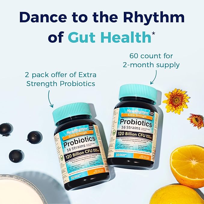 NewRhythm Probiotics 120 Billion CFU 36 Strains, 3-in-1 Probiotics for Digestive Health & Immune Support with Prebiotics & Enzymes, Probioticos for Women & Men, Vegan Targeted Release Supplement, 60ct