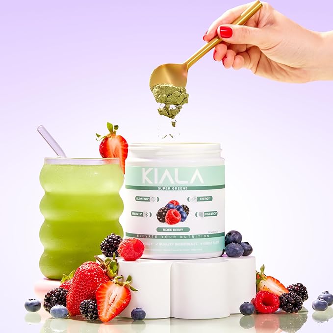 Kiala Nutrition Super Greens, Organic Greens Powder with Spirulina & Chlorella for Digestion, Gut Health, Immunity & Energy, Gluten Free, Vegan, Daily Support for Women, Mixed Berry, 30 Servings
