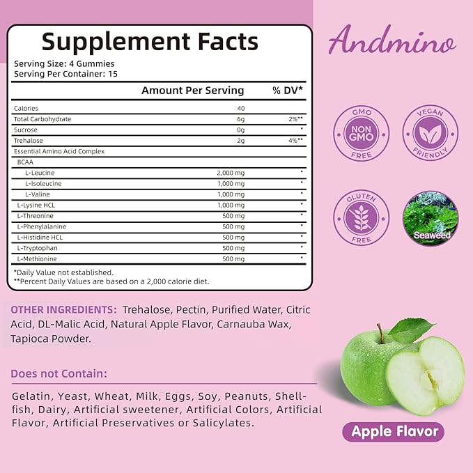 EAA Gummies 7500 mg, BCAA Gummies with Trehalose, Amino Acids Supplement for Muscle, Immune, Nervous & Digestive Health, for Adults & Kids, Non-GMO, Vegan, Gluten Free, Apple Flavor, 120