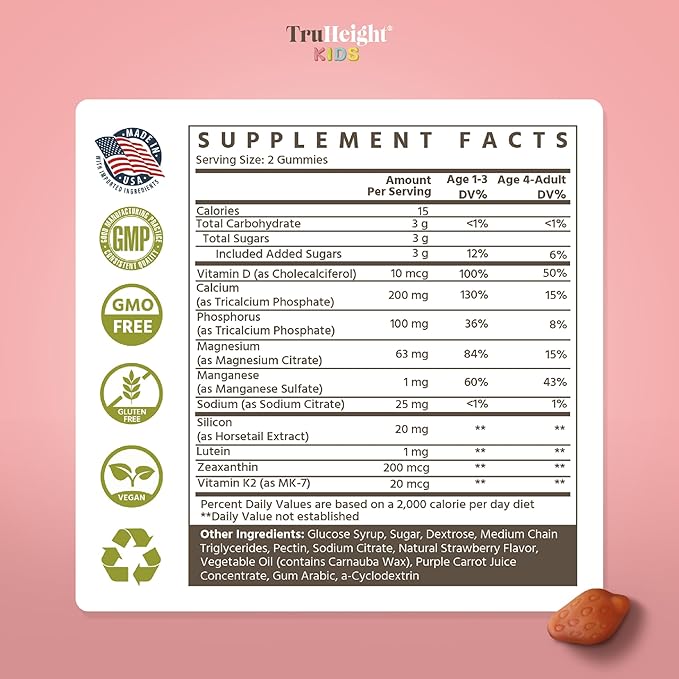 TruHeight Kids Bone Growth Gummies (Ages 2+) All Natural Kids & Toddler Vitamins - Endorsed by Pediatricians - Vitamin D, Calcium, K2, Magnesium Multivitamin - Natural Growth & Development