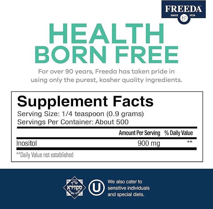FREEDA Inositol Powder from Myo-Inositol - Hormone Balance for Women - PCOS Supplements for Women - Vitamin B8 Conception, Fertility Support - Myoinositol for Mood Improvement in Men & Women -16 oz