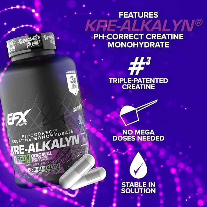 EFX Sports Kre-Alkalyn EFX | pH Correct Creatine Monohydrate Pill Supplement | Vegan Friendly | Strength & Muscle Growth | 90 Servings, 180 Veggie Capsules