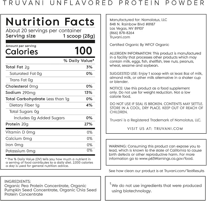 Truvani Vegan Pea Protein Powder | Unflavored | 20g Organic Plant Based Protein | 20 Servings | Keto | Gluten & Dairy Free | Low Carb | No Added Sugar