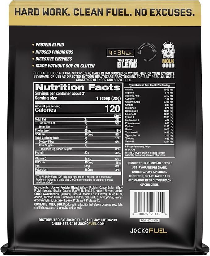 Jocko Mölk Whey Protein Powder 22g Protein - Sugar Free Monk Fruit Blend - Muscle Recovery & Growth, Packaging May Vary (31 Servings, Vanilla Milkshake)