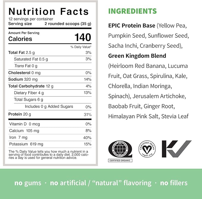 Sprout Living Epic Protein, Plant Based Protein & Superfoods Powder, Green Kingdom | 20 Grams Organic Protein Powder, Greens, Vegan, Non Dairy, Non-GMO, Gluten Free, Low Sugar (1 Pound, 12 Servings)
