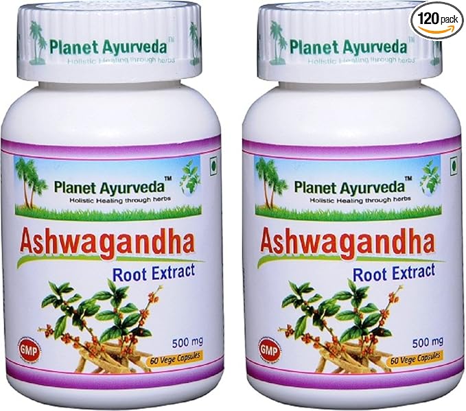 Planet Ayurveda Ashwagandha, 500mg Veg Capsules - 2 Bottles