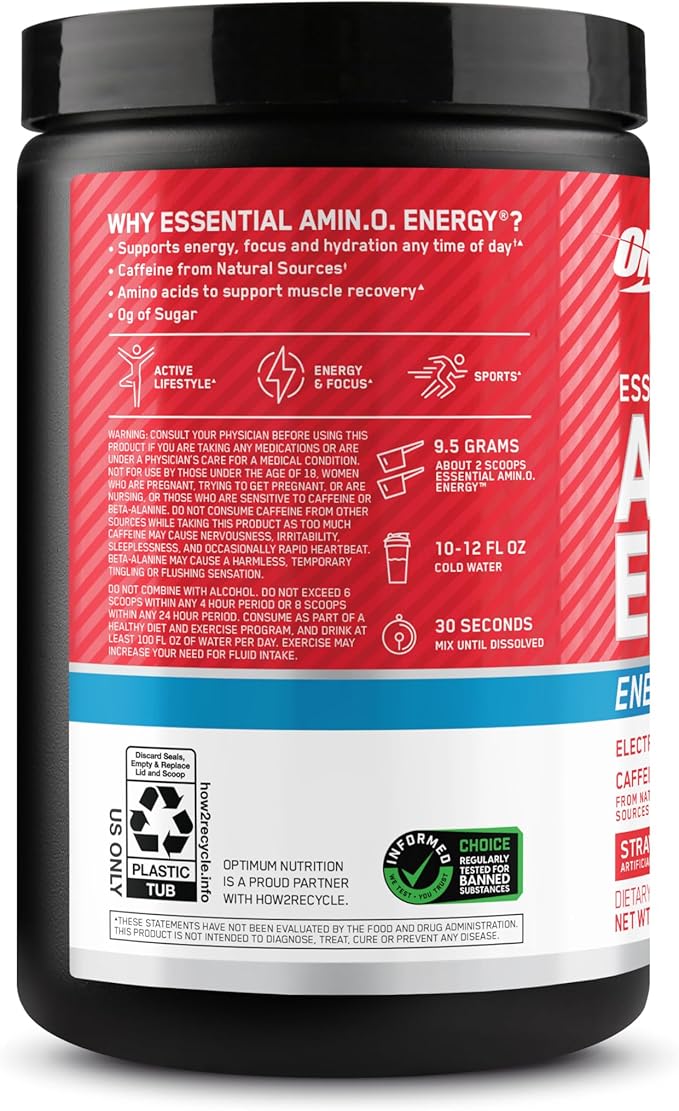 Optimum Nutrition Amino Energy Powder Plus Hydration, with BCAA, Electrolytes, and Caffeine, Strawberry Burst, 30 Servings (Packaging May Vary)