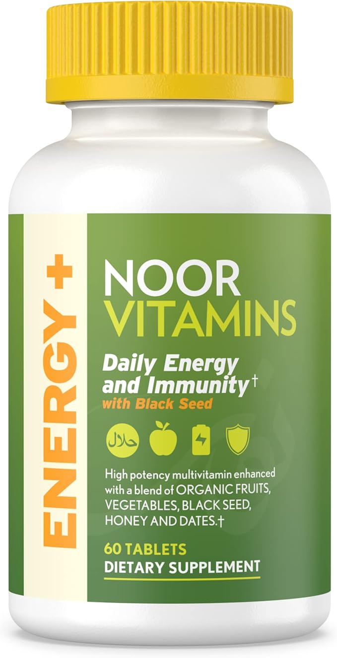 Noor Vitamins Energy+ Multivitamin; Halal Vitamin for Energy Production & Immunity, 26 Vitamins & Minerals, Black Seed, Dates, Honey, for Men & Women. Gelatin Free, 2 Month Supply