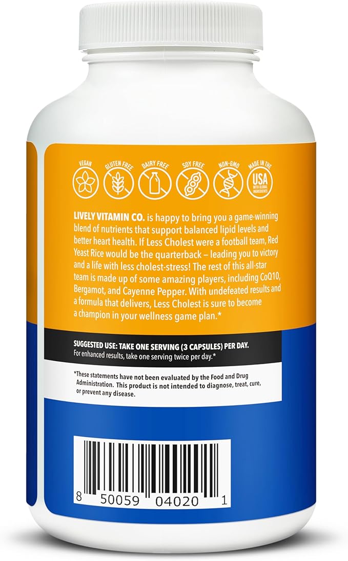 LIVELY VITAMIN CO. Less Cholest - Balanced Cholesterol & Circulatory Health - Statin Free - Red Yeast Rice - Bergamot - Resveratrol - CoQ10 - Gluten, Dairy, Soy-Free - 180 Vegan Capsules