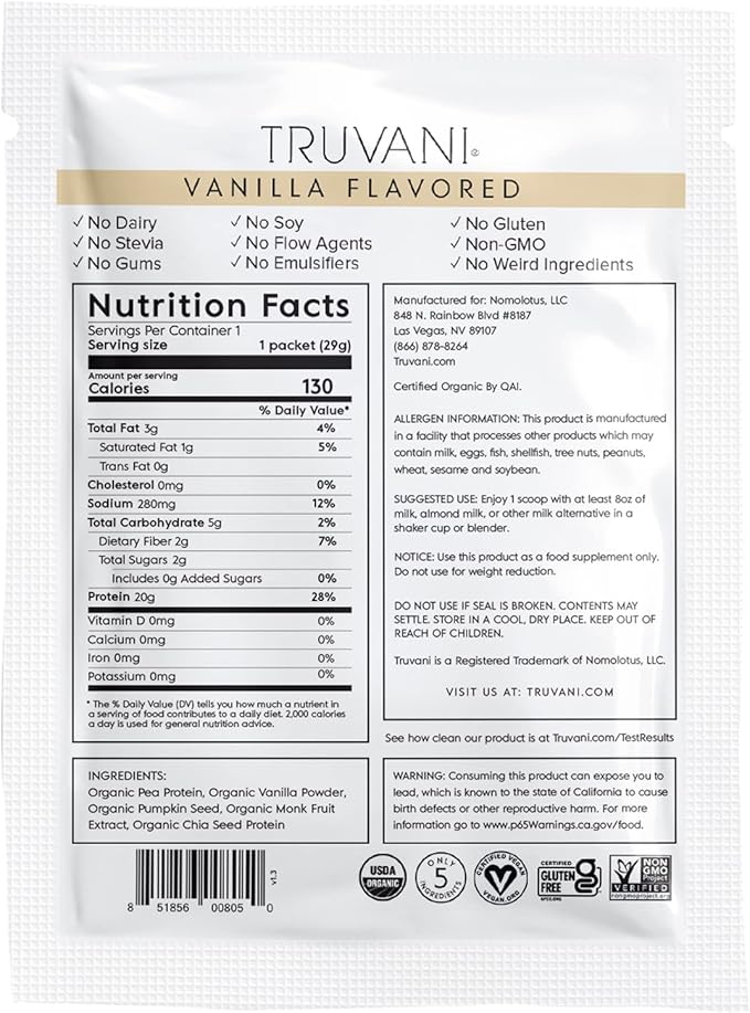Truvani Vegan Pea Protein Powder | Vanilla | 20g Organic Plant Based Protein | 1 Serving | Keto | Gluten & Dairy Free | Low Carb | No Added Sugar