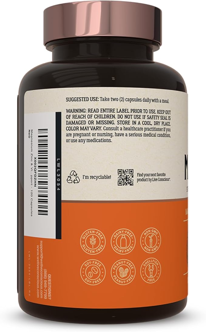 Live Conscious Magnesium Zinc & Vitamin D3 - Bioavailable Forms of Magnesium - Malate, Glycinate, Citrate - MagWell Bone & Heart Health, Immune System Support - 120 Capsules (2-Pack)