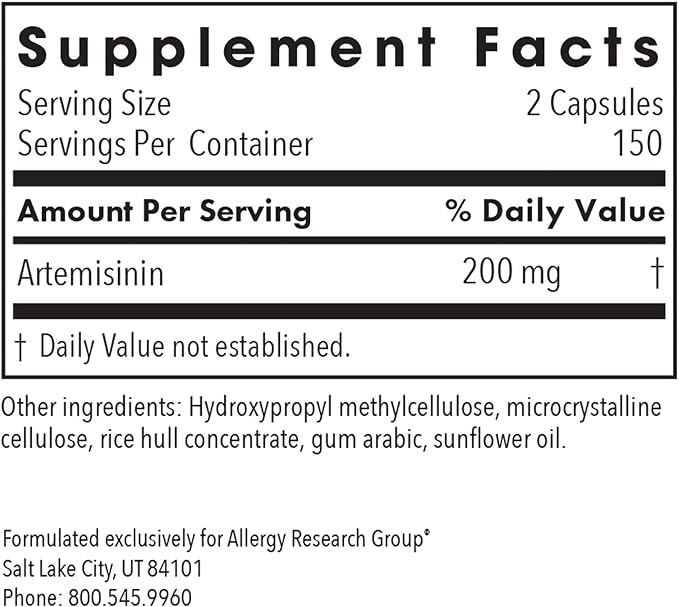 Allergy Research Group Artemisinin Supplement - GI Tract Support, Pure Qinghaosu from Artemisia annua, Thujone-Free, Hypoallergenic, Vegetarian Capsules - 300 Count