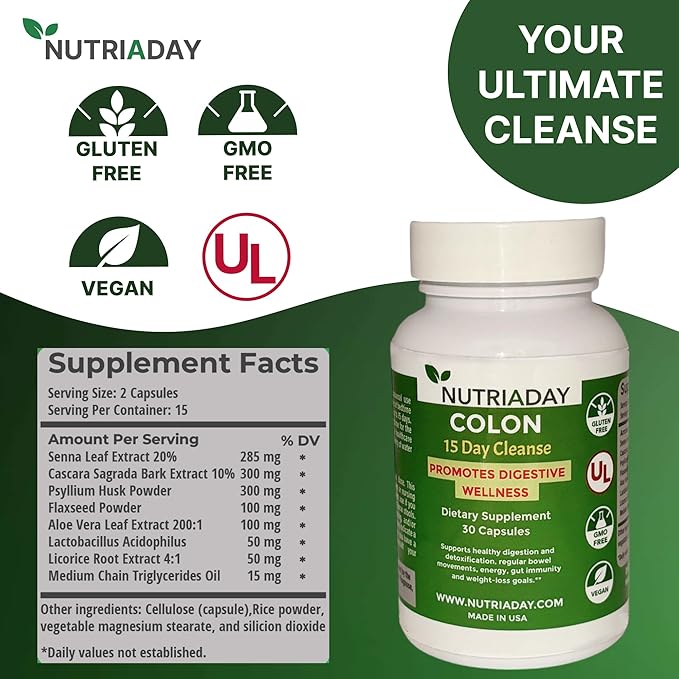 Colon 15 Day Cleanse, Advanced Gut Cleanse Detox for Women & Men with Cascara Sagrada, Psyllium Husk & Senna Leaf, Digestive Wellness, Gluten-Free, Non-GMO, Vegan, 30 Capsules 1-2 Daily