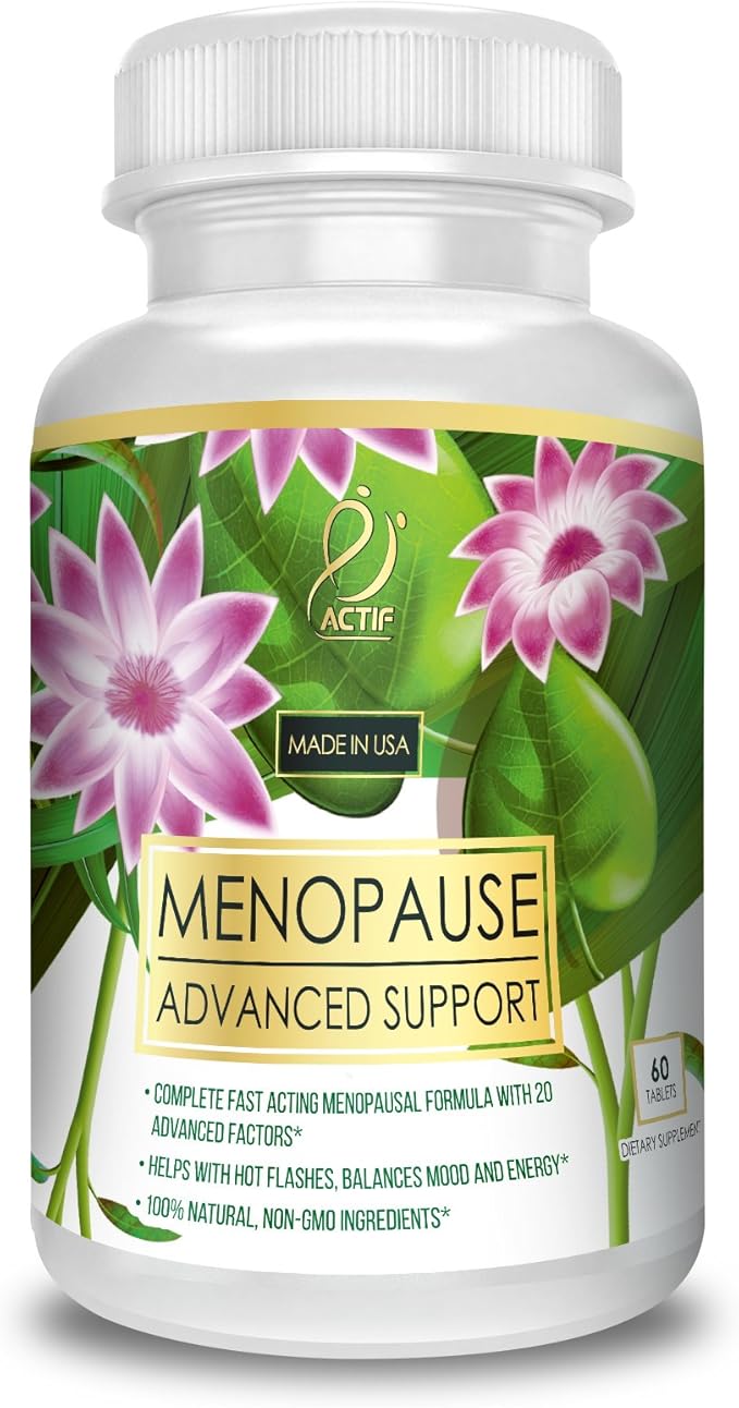 Actif Menopause Advanced Support with 20+ Organic Vitamins and Herbs - Relieves Hot Flashes, Night Sweats - Non GMO, Fast Acting, Made in USA, 60 Count