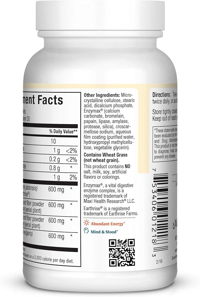 Maxi Health Green Vitality - Green Superfood - Energy and Mood Formula - 180 Tablets - Kosher