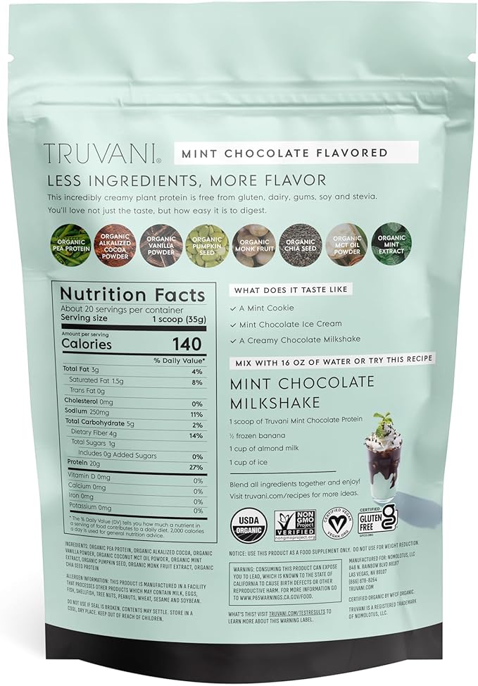Truvani Vegan Pea Protein Powder | Mint Chocolate | 20g Organic Plant Based Protein | 20 Servings | Keto | Gluten & Dairy Free | Low Carb | No Added Sugar