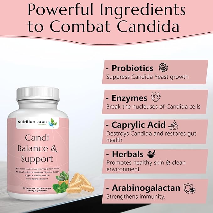 Candida Yeast Cleanse Supplement for Women & Men. Gut Flora & pH Level, Intestinal Health W/Probiotics. Anti Yeast Overgrowth W/Oregano, Caprylic Acid 60 CT