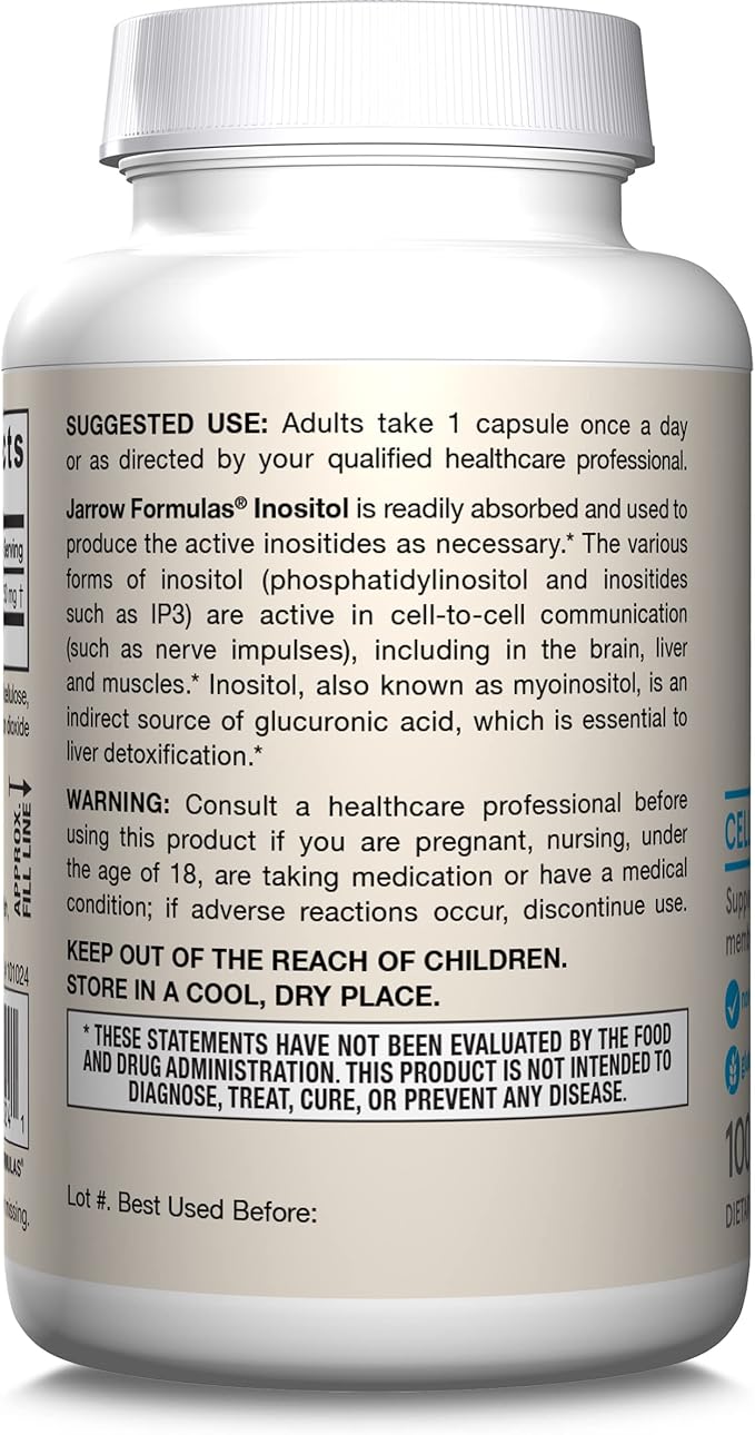 Jarrow Formulas Inositol 750 mg, Dietary Supplement, Liver Support for Cellular Health and General Wellness, 100 Veggie Capsules, Up to a 100 Day Supply