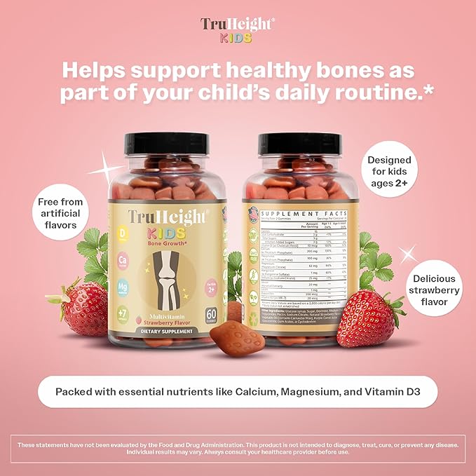 TruHeight Kids Bone Growth Gummies (Ages 2+) All Natural Kids & Toddler Vitamins - Endorsed by Pediatricians - Vitamin D, Calcium, K2, Magnesium Multivitamin - Natural Growth & Development