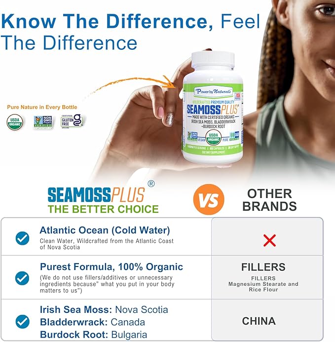 Power By Naturals Sea Moss Plus - USDA Organic Irish Sea Moss Capsules w/Wild Harvested Irish Seamoss, Bladderwrack & Burdock Root Immunity Supplement Sea Moss Pills for Adult 60Ct - 1 Pack