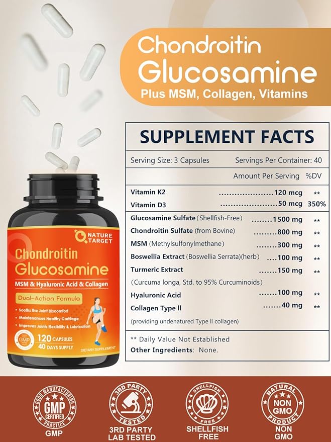 NATURE TARGET Glucosamine Chondroitin Joint Support Supplement - Plus MSM, Collagen, Turmeric, Shellfish Free, Supports Joint, Knees, Cartilage, for Men & Women, 120 Caps