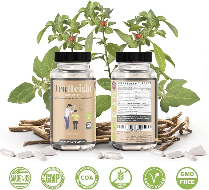 TruHeight Growth Capsules - Natural Growth & Development Supplement for Kids & Teens - Endorsed by Pediatricians - Vitamin D, K, Calcium & Ashwaganda - Bone Strength Capsules - Kids Vitamins - Ages 5+