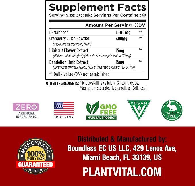Plantvital D Mannose Capsules with Cranberry - D-mannose 1000mg Capsules - High Potency for Bladder, Kidney and Urinary Tract Support. Cranberry Powder with Hibiscus and Dandelion. 2 Months Supply