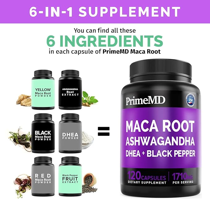 6-in-1 Organic Maca Root & Ashwagandha Capsules 1710mg w/DHEA & Black Pepper Fruit Extract - Maca Root Capsules for Women & Men - Energy, Mood, and Bone Support Supplement, 240 Capsules (2 Pack)