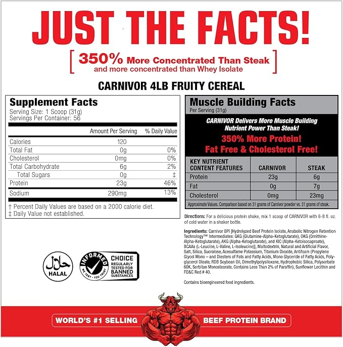 MuscleMeds CARNIVOR Beef Protein Isolate Powder, Muscle Building, Recovery, Lactose Free, Sugar Free, Fat, Free, 23g Protein, Fruity Cereal, 56 Servings
