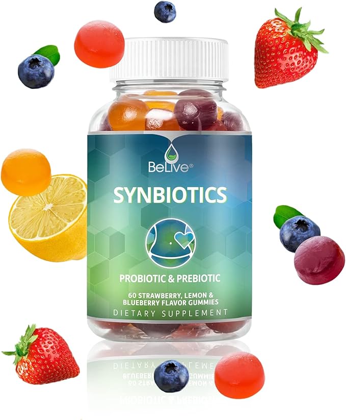 BeLive Synbiotics - Probiotic & Prebiotic Fiber Gummies – High Strength Inulin (3g), Dietary Fiber Supplement, Digestive Support for Kids & Adults - Strawberry, Lemon, Blueberry Flavor | 2-Pack